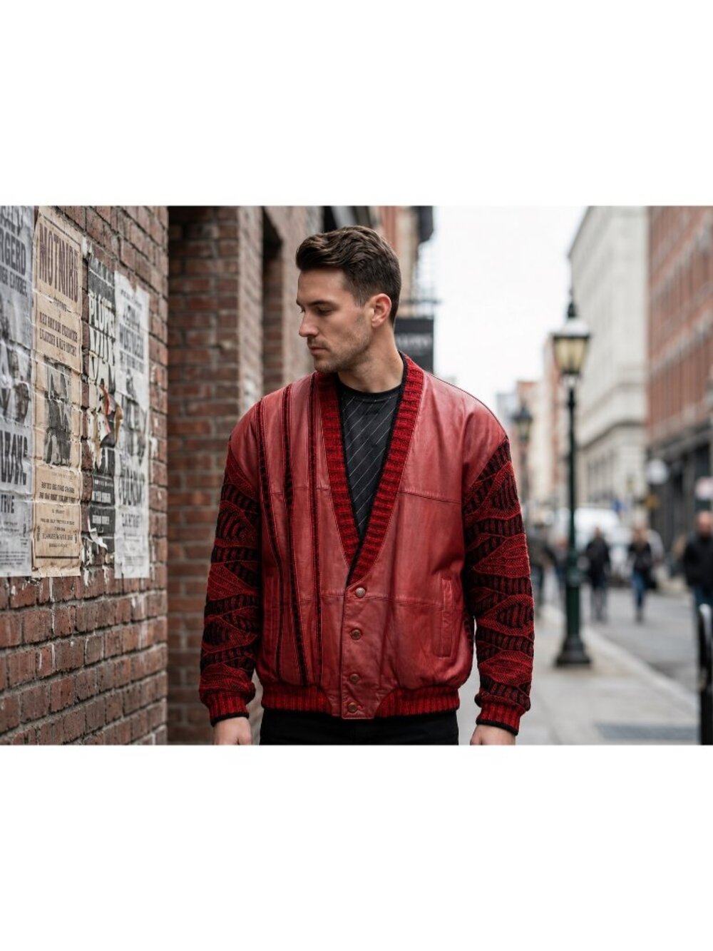 Vintage Saxony Red Genuine Leather Geo Knit Jacket Medium 80s 90s Oversize
